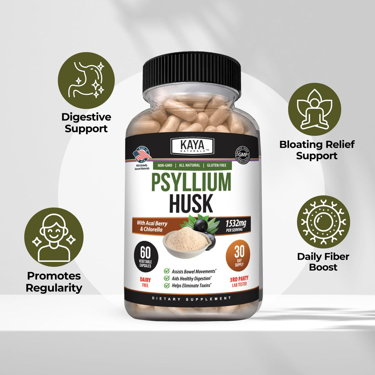 Kaya Naturals Capsules de Psyllium, capsules sur une table
