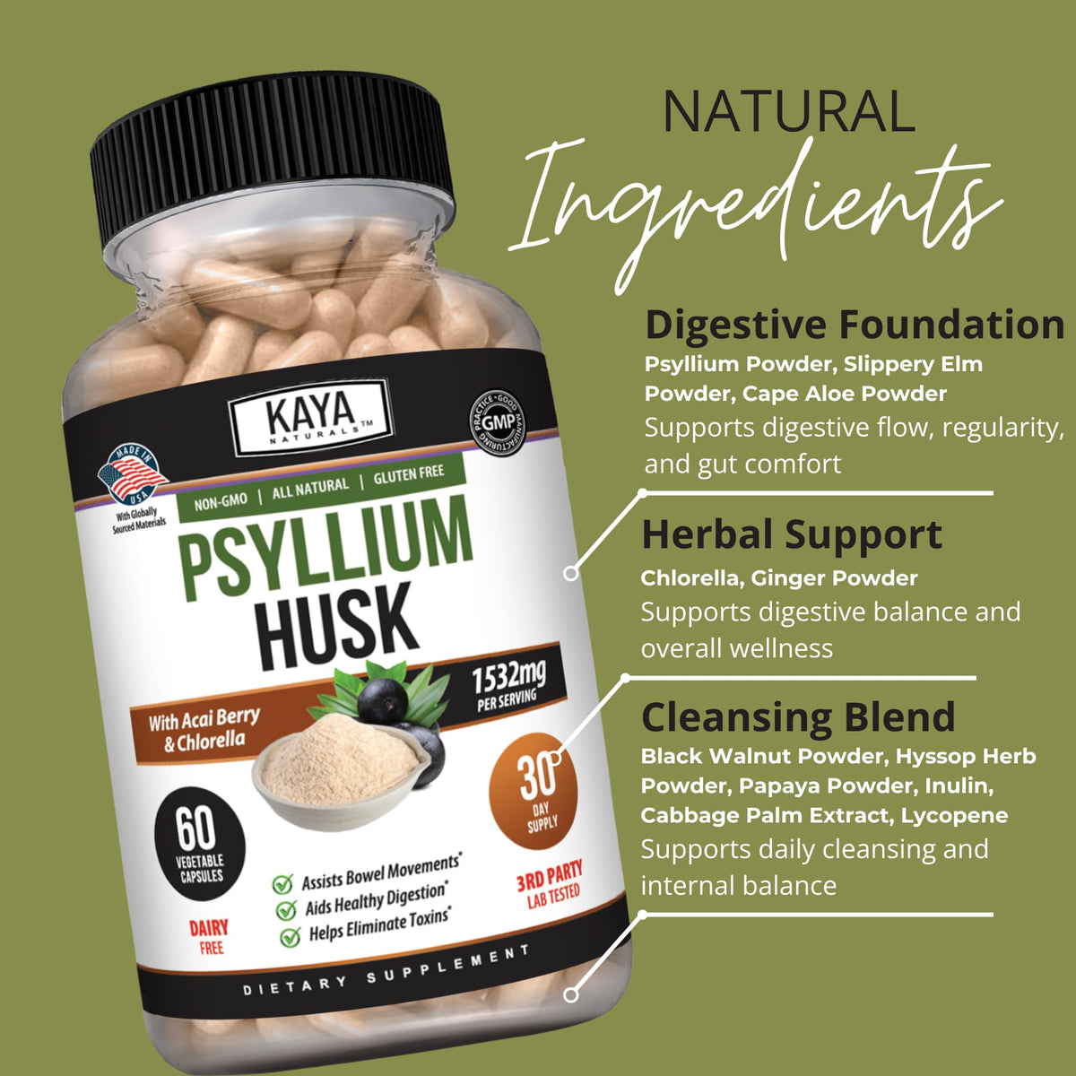 Kaya Naturals Capsules de Psyllium, présentation du produit