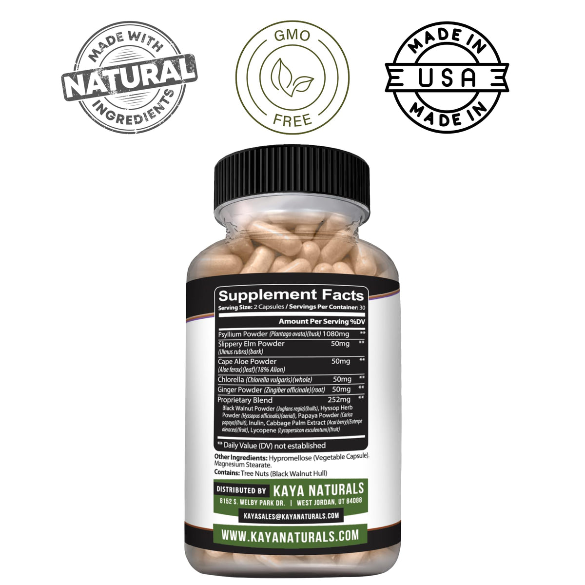 Kaya Naturals Capsules de Psyllium, vue de côté