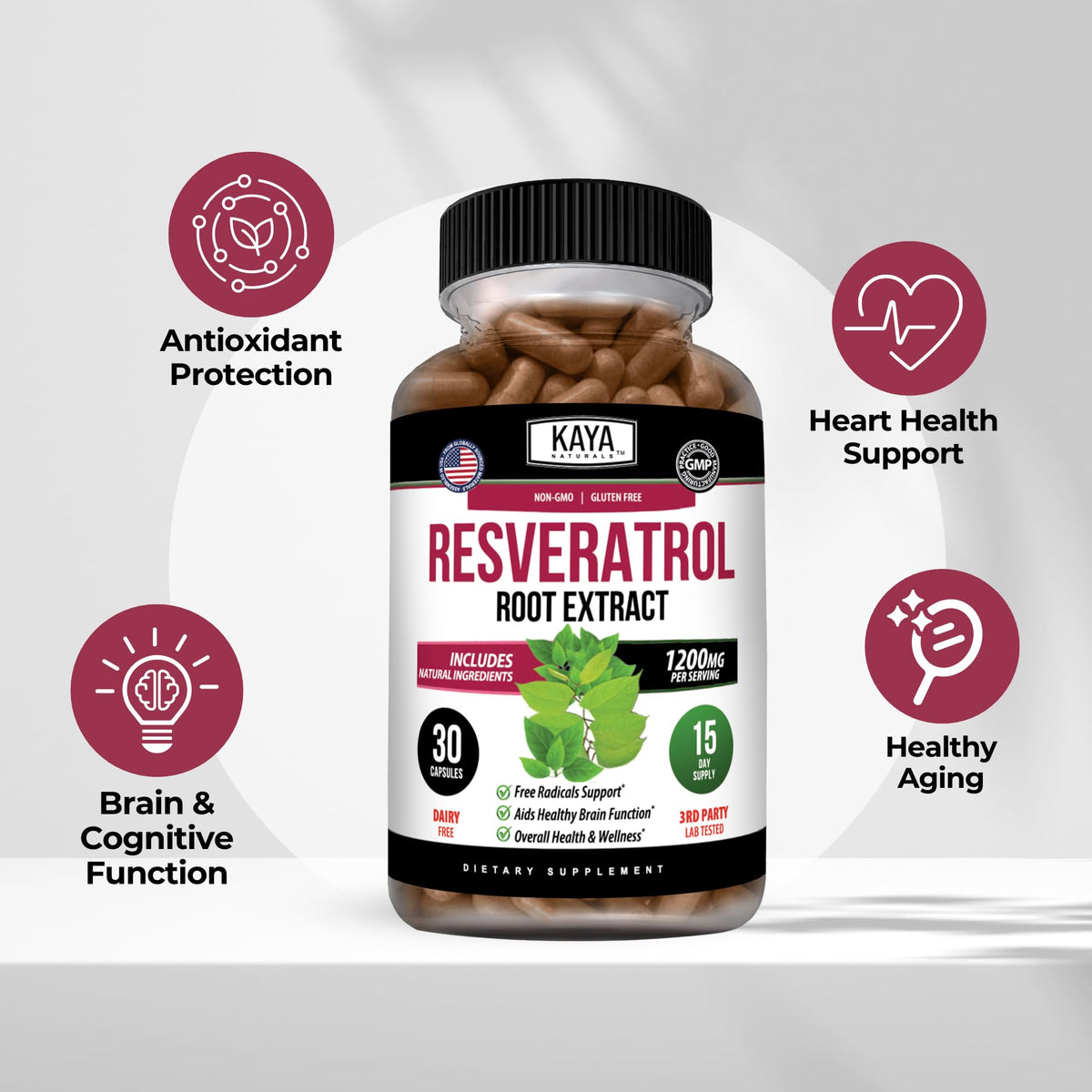 Kaya Naturals capsules de resvératrol sur une table avec des plantes