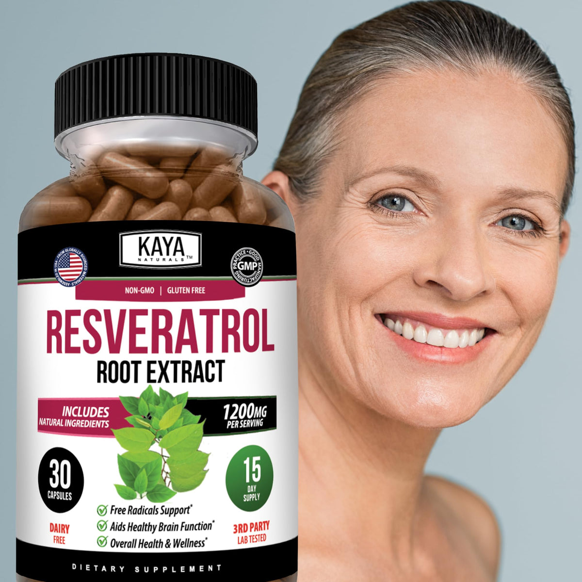 Kaya Naturals capsules de resvératrol sur une table en bois