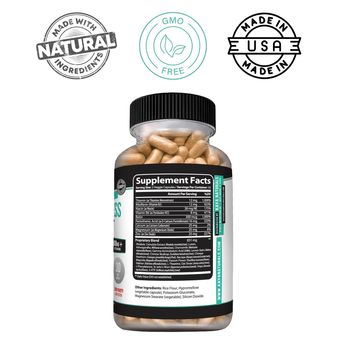 Kaya Naturals Complément Alimentaire 60 Capsules avec étiquette détaillant les ingrédients