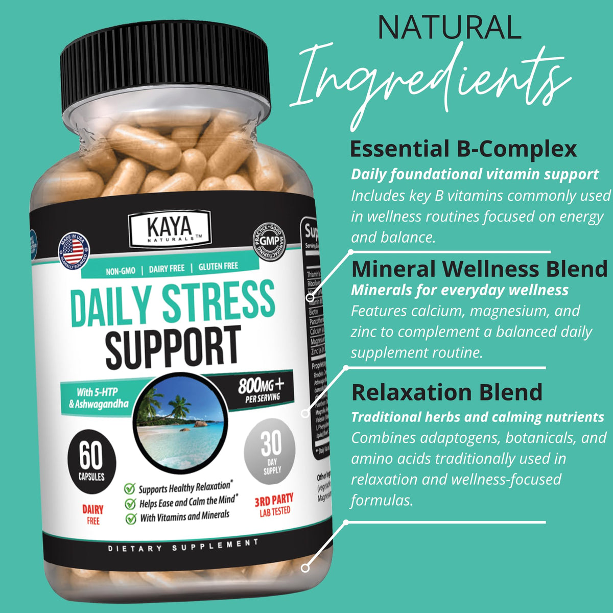 Kaya Naturals Complément Alimentaire 60 Capsules sur une table avec un verre d'eau