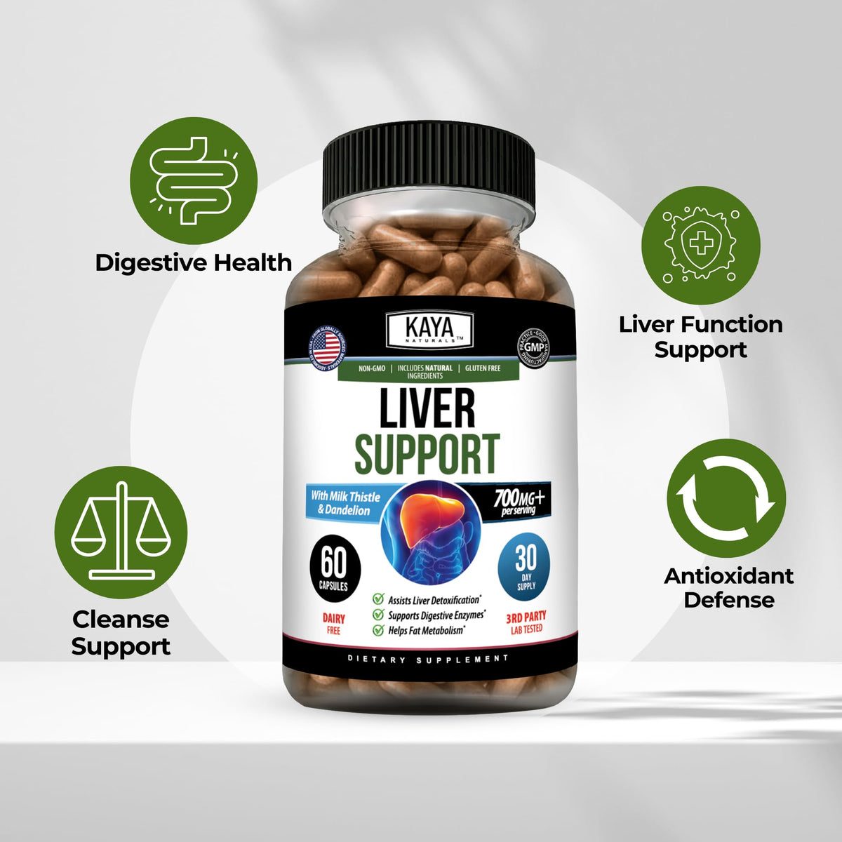 Kaya Naturals Complément Alimentaire au Chardon-Marie 60 capsules, contenant ouvert