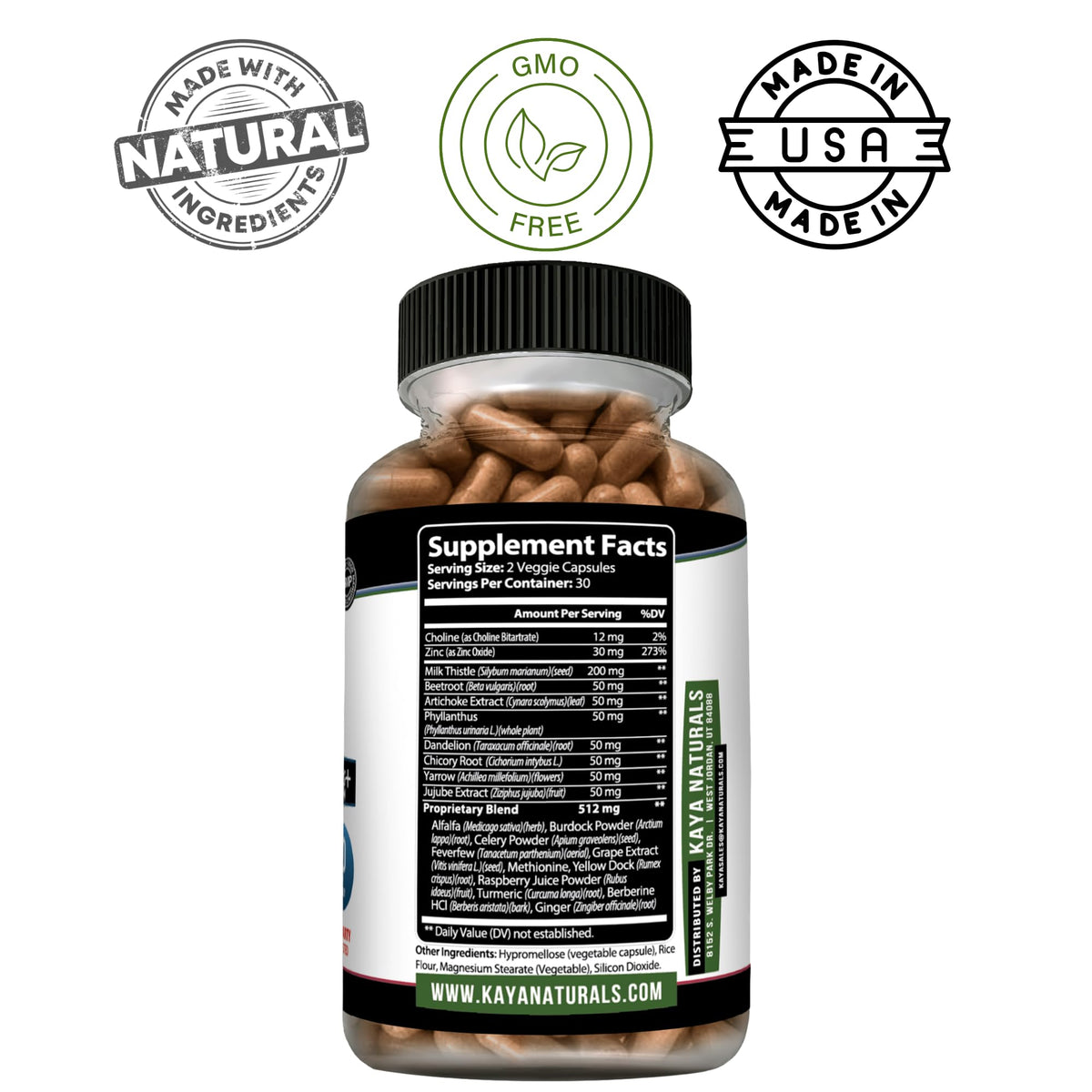 Kaya Naturals Complément Alimentaire au Chardon-Marie 60 capsules, étiquette détaillée