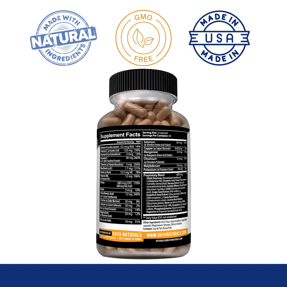 Kaya Naturals Complément Alimentaire pour le Cerveau capsules sur une table