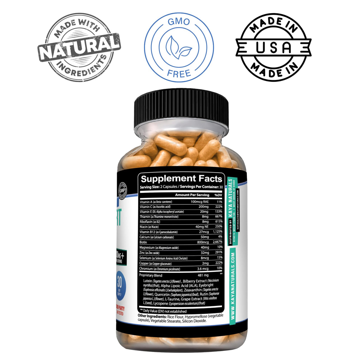 Kaya Naturals Complément Alimentaire Santé des Yeux 60 Capsules avec étiquette