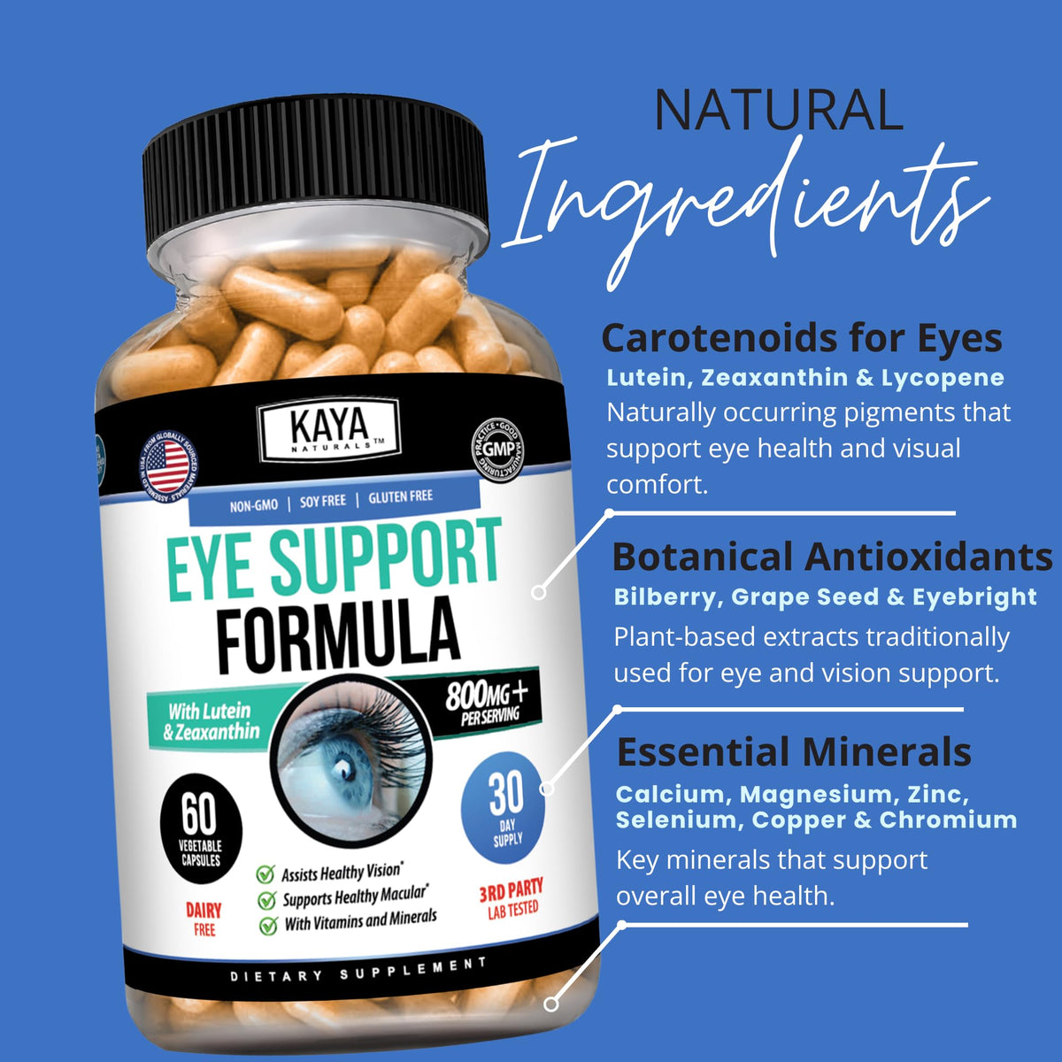 Kaya Naturals Complément Alimentaire Santé des Yeux 60 Capsules en main