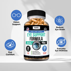 Kaya Naturals Complément Alimentaire Santé des Yeux 60 Capsules ouvertes sur une table