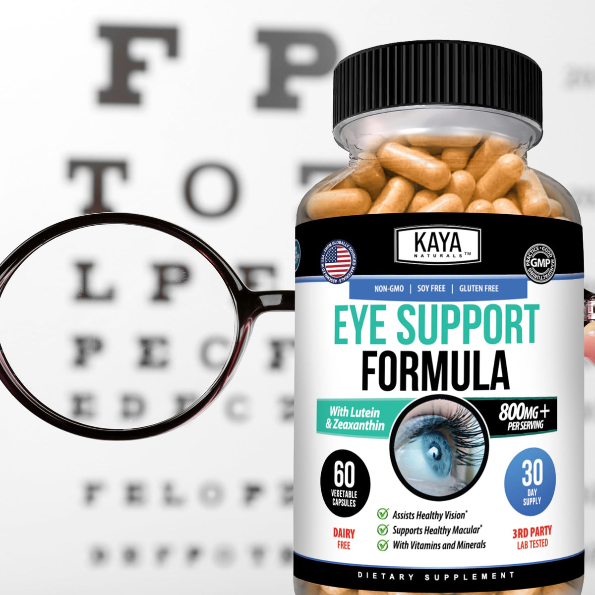 Kaya Naturals Complément Alimentaire Santé des Yeux 60 Capsules sur une table de cuisine