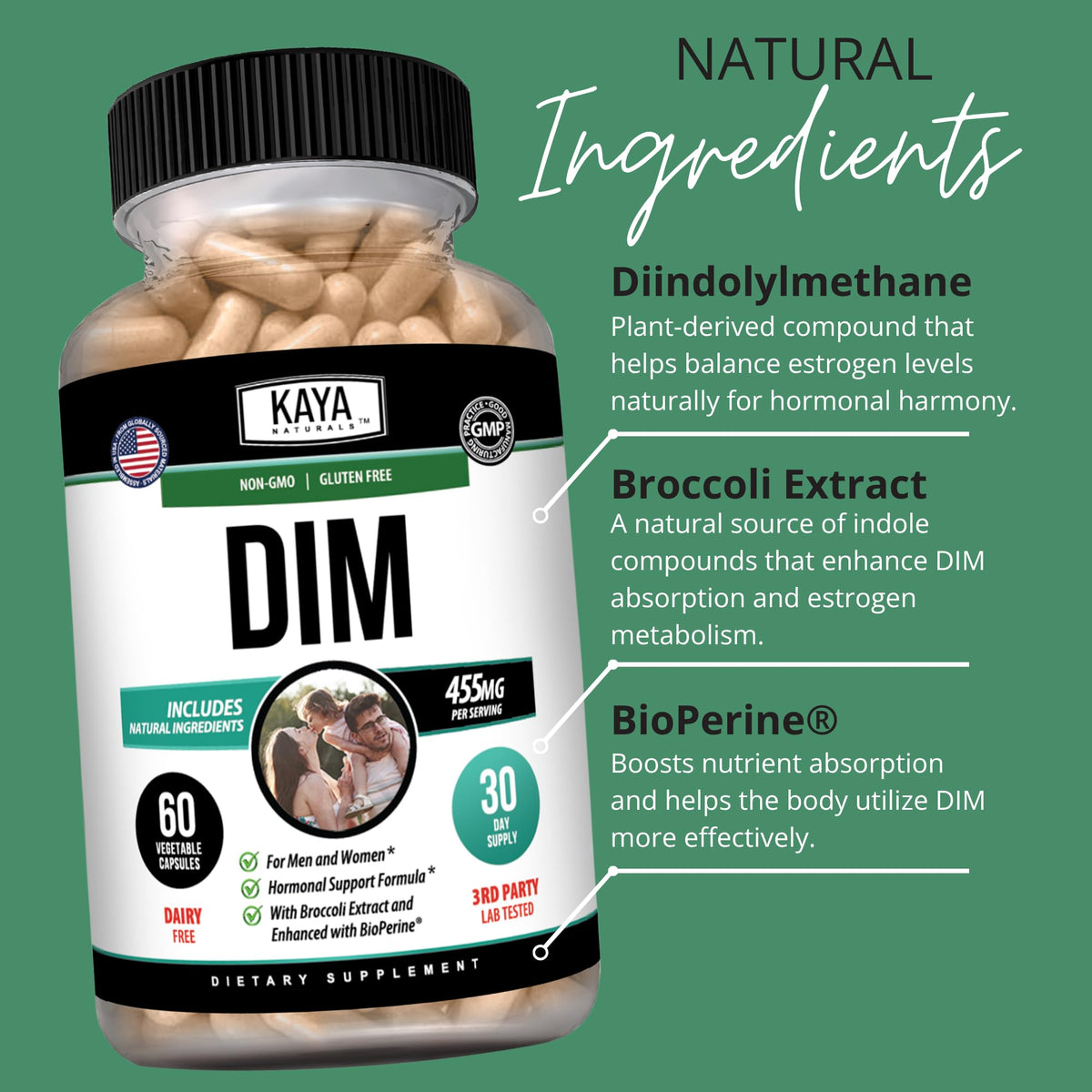 Kaya Naturals Complément DIM avec une main tenant le flacon
