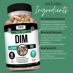 Kaya Naturals Complément DIM avec une main tenant le flacon