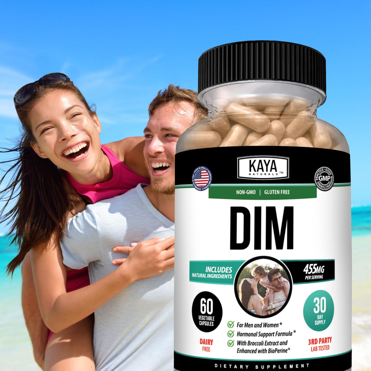 Kaya Naturals Complément DIM sur une table avec d'autres vitamines