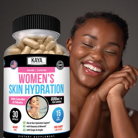 Kaya Naturals Complément Hydratation Femme gélules et verre d'eau