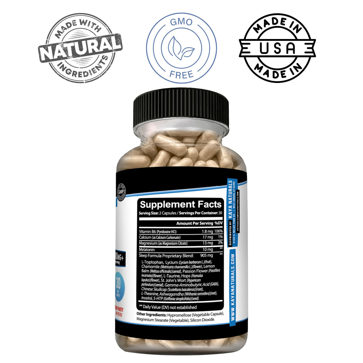 Kaya Naturals Complément Sommeil capsules à côté d'une tasse de thé