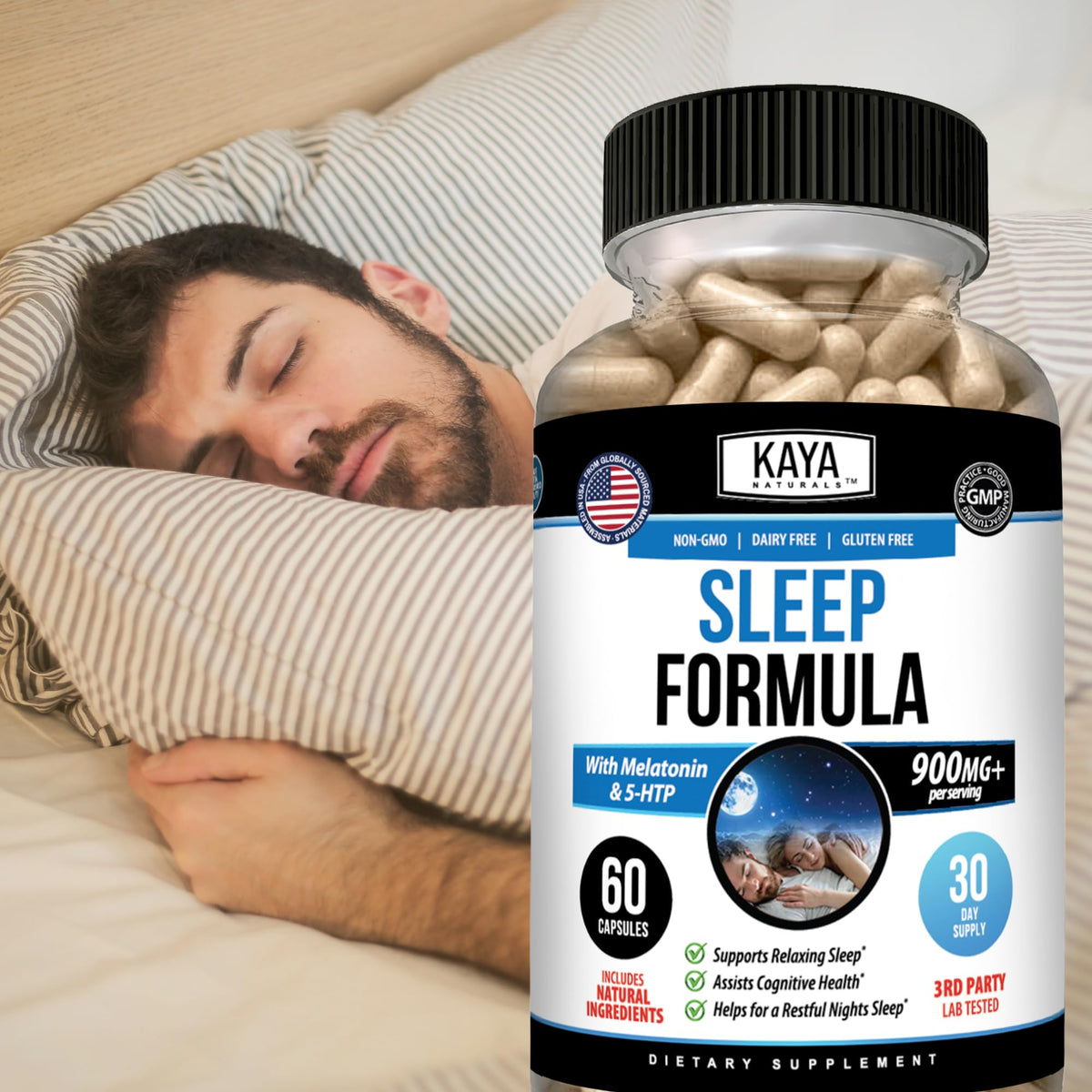 Kaya Naturals Complément Sommeil ouvert avec capsules à l'extérieur