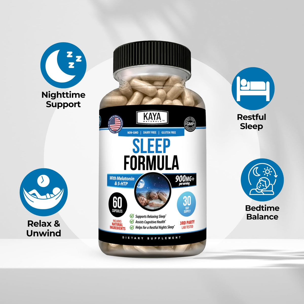 Kaya Naturals Complément Sommeil vue de dessus avec capsules