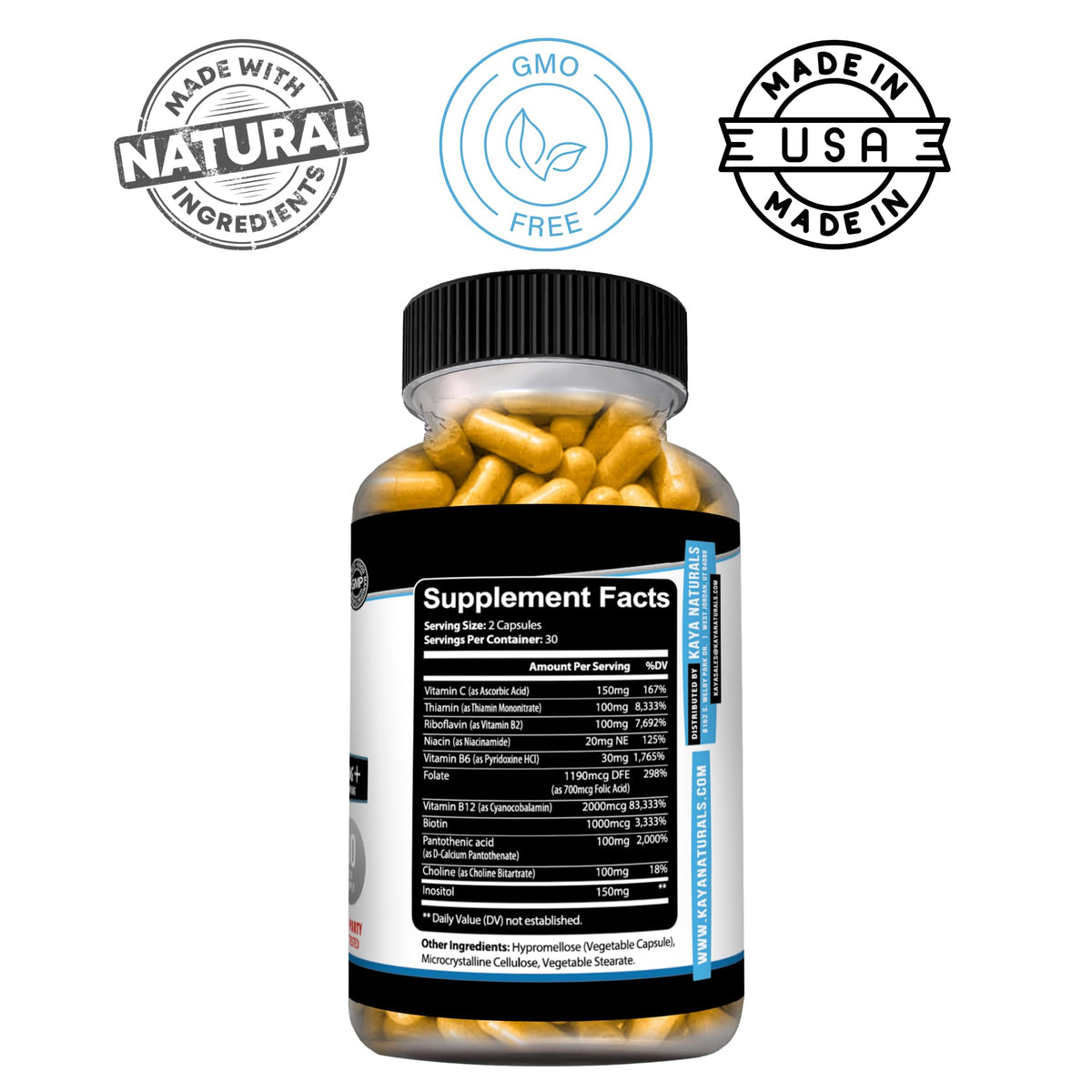 Kaya Naturals Complexe B-12 Multivitamines vue de haut avec ingrédients