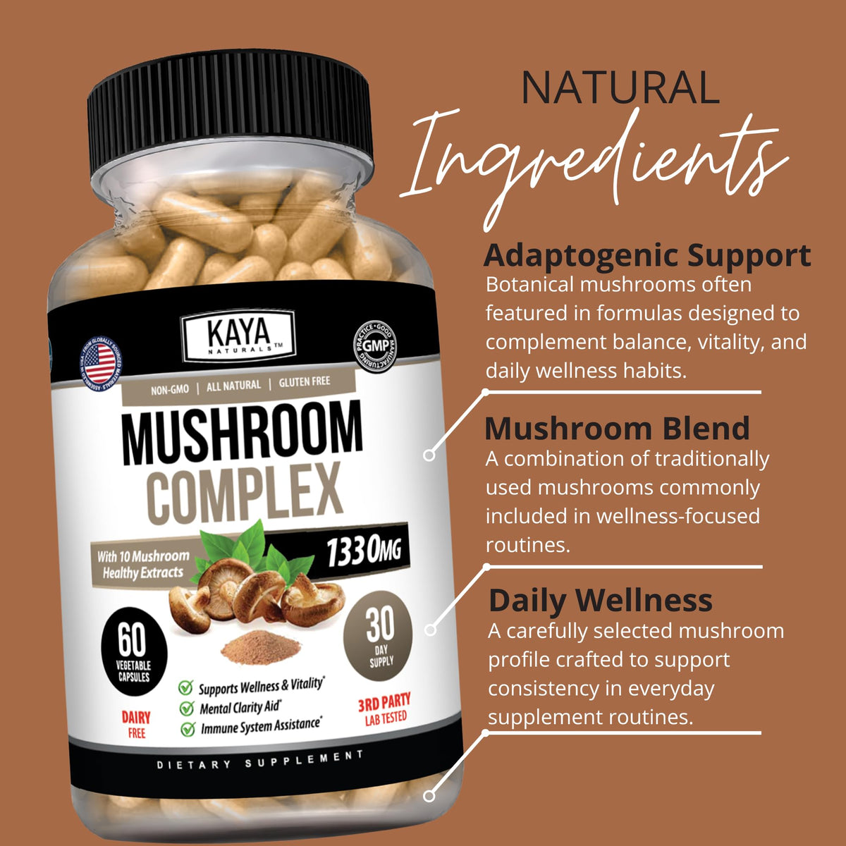 Kaya Naturals Complexe de Champignons avec une main tenant deux capsules