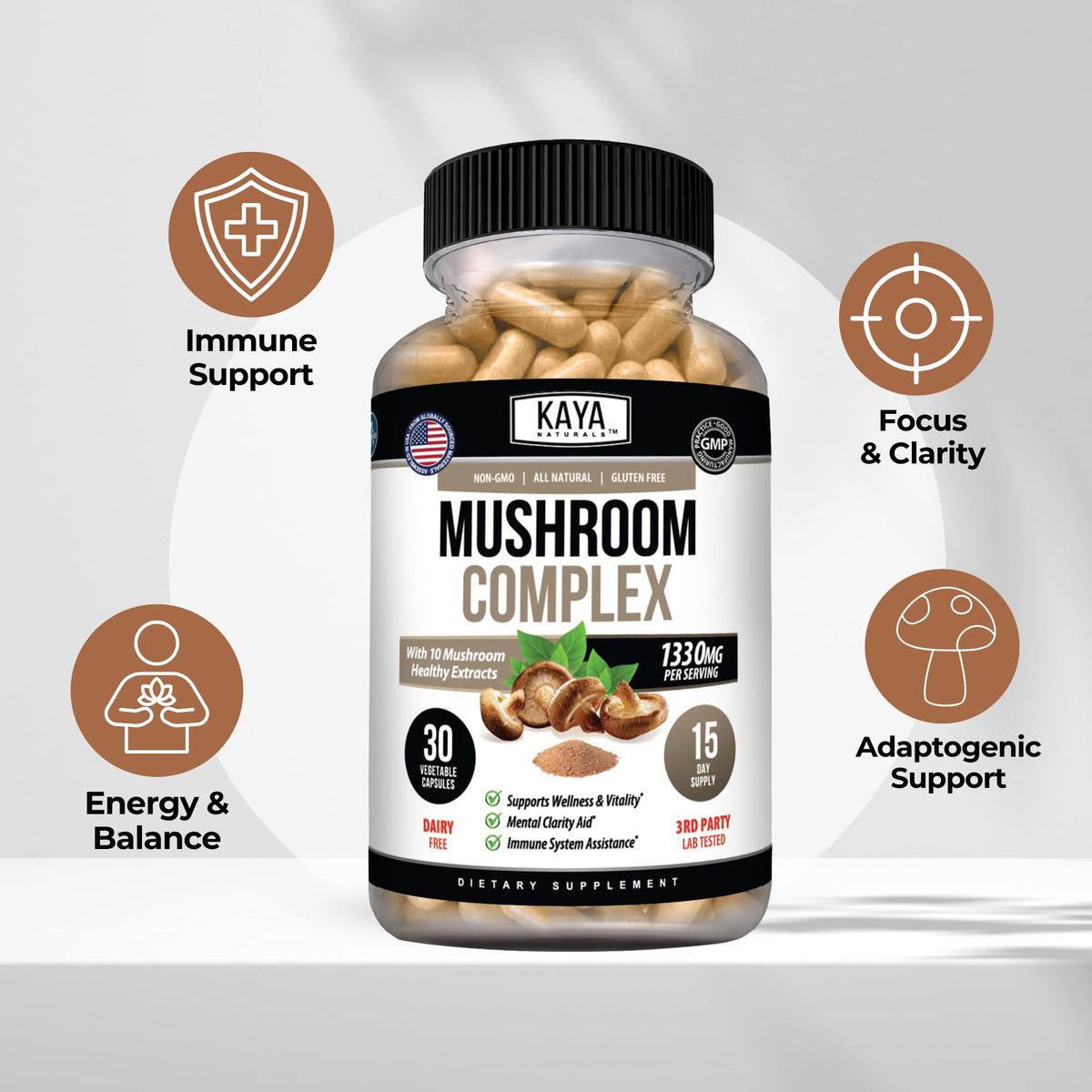 Kaya Naturals Complexe de Champignons, étiquette avec ingrédients