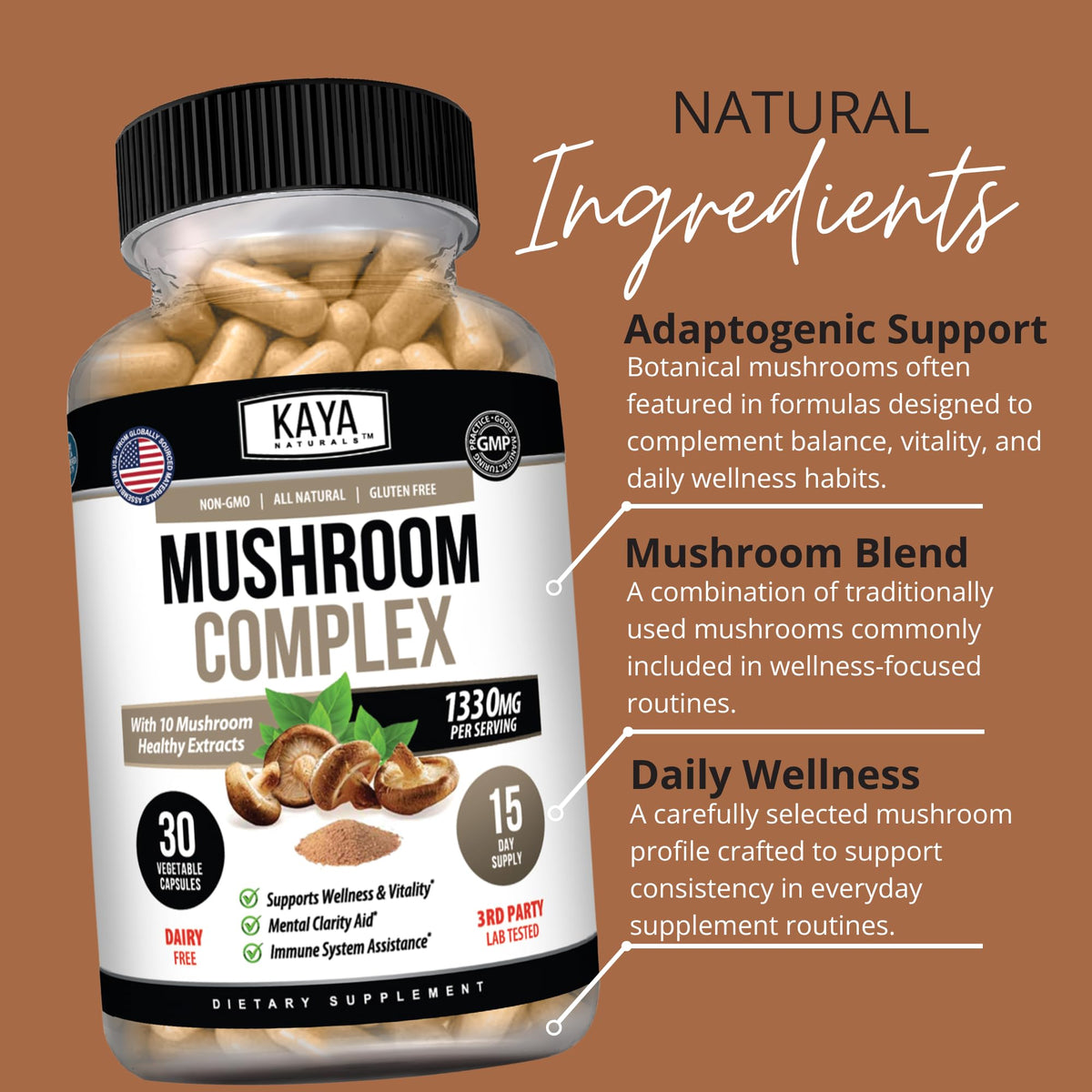 Kaya Naturals Complexe de Champignons, photo des capsules ouvertes
