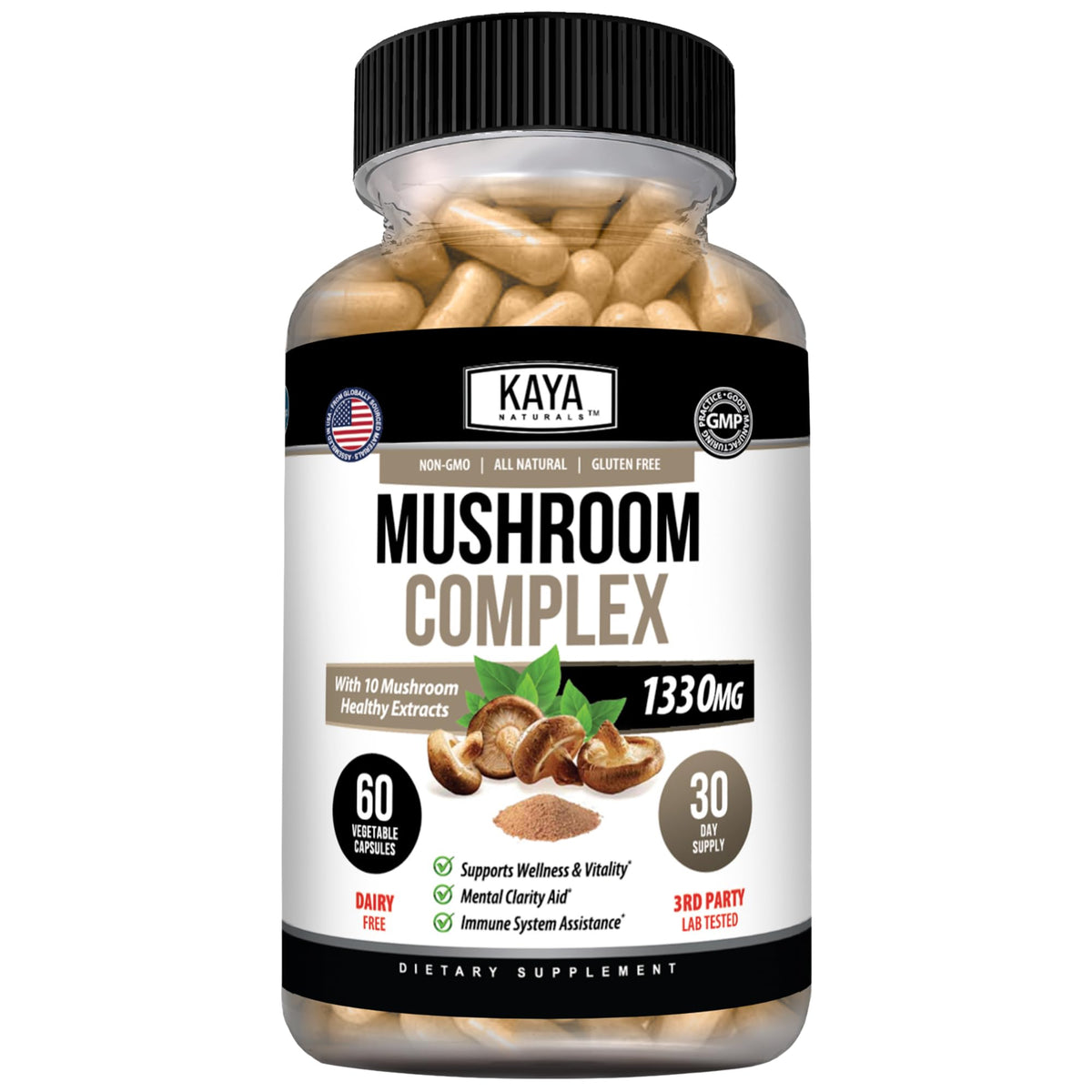Kaya Naturals Complexe de Champignons vue avant avec capsules