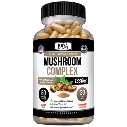 Kaya Naturals Complexe de Champignons vue avant avec capsules