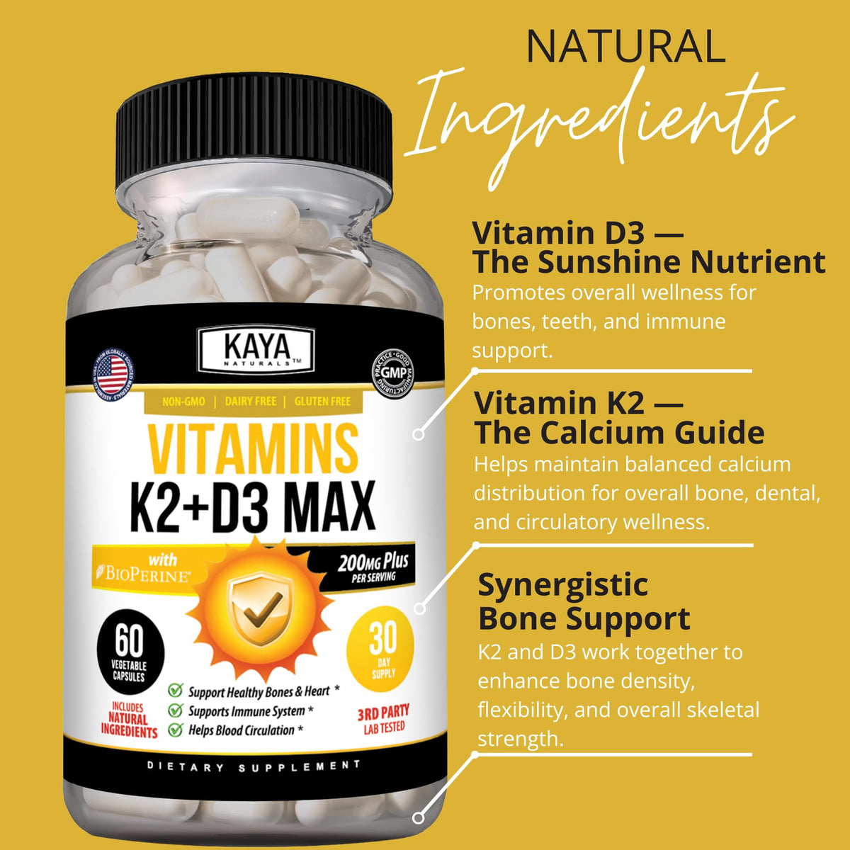 Kaya Naturals D3 K2 5000 UI capsules avec bouteille