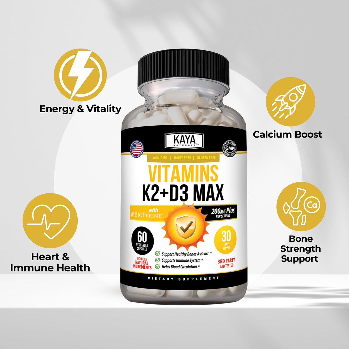 Kaya Naturals D3 K2 5000 UI capsules ouvertes montrant le contenu