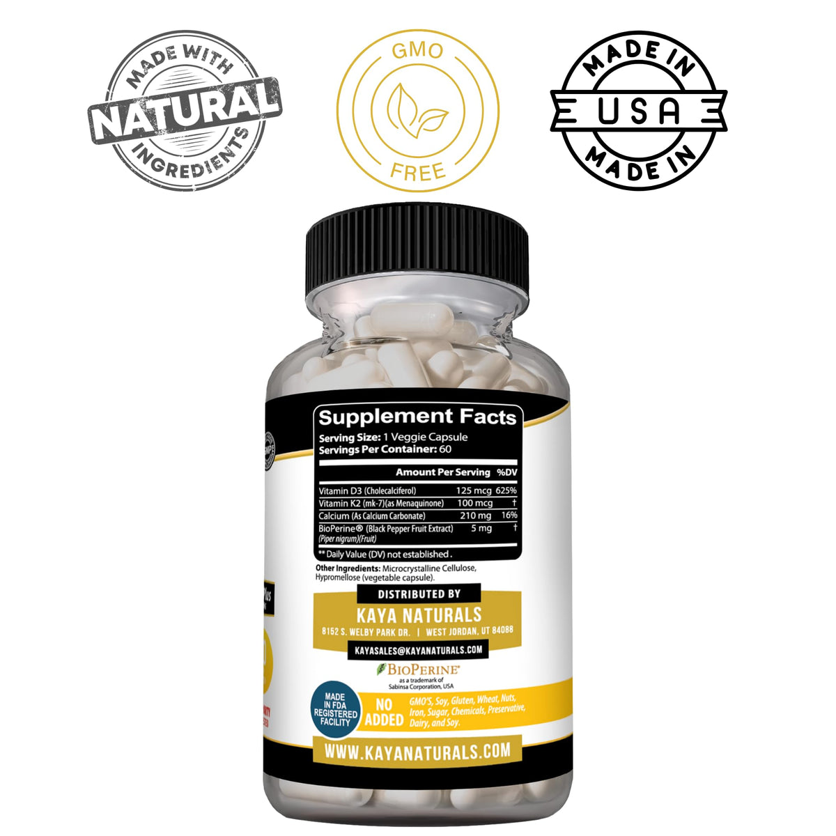 Kaya Naturals D3 K2 5000 UI capsules sur fond blanc