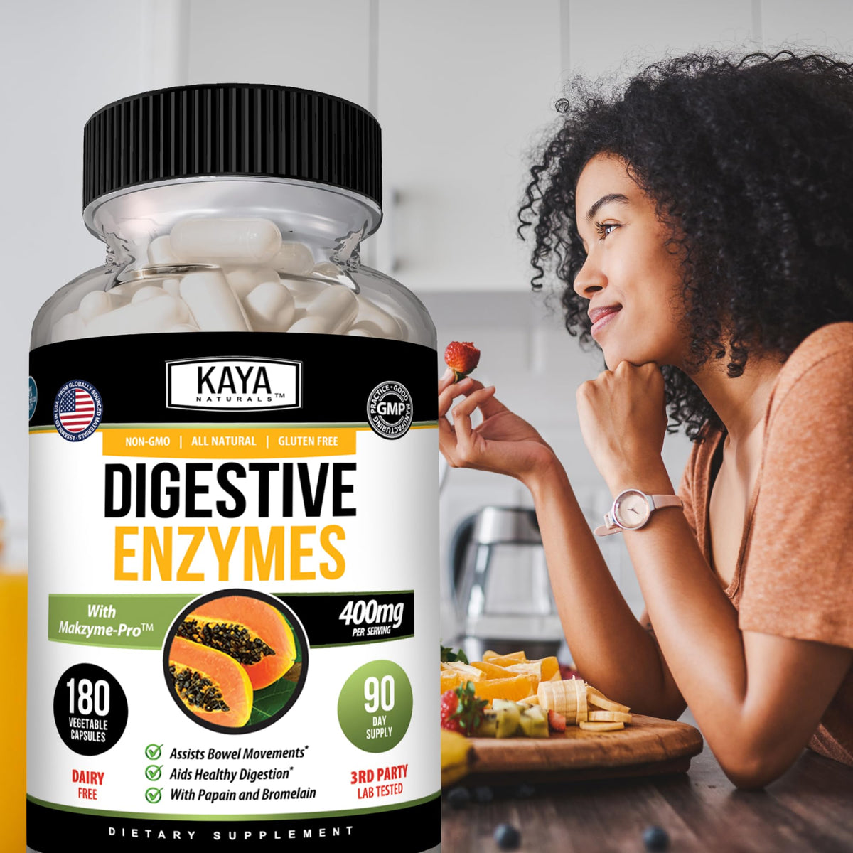 Kaya Naturals Enzymes daily 180 Capsules Végétales - Capsules sur un fond blanc