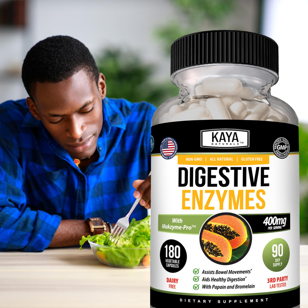 Kaya Naturals Enzymes daily 180 Capsules Végétales - Flacon sur une table en bois