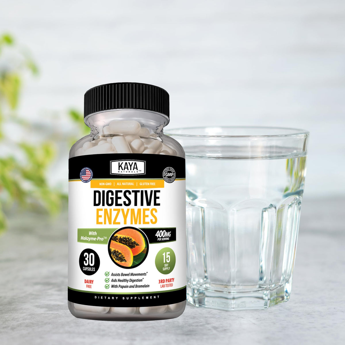Kaya Naturals Enzymes daily avec arrière-plan naturel