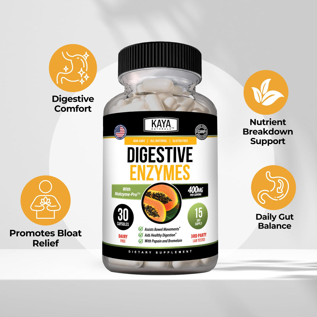 Kaya Naturals Enzymes daily capsules ouvertes sur une table