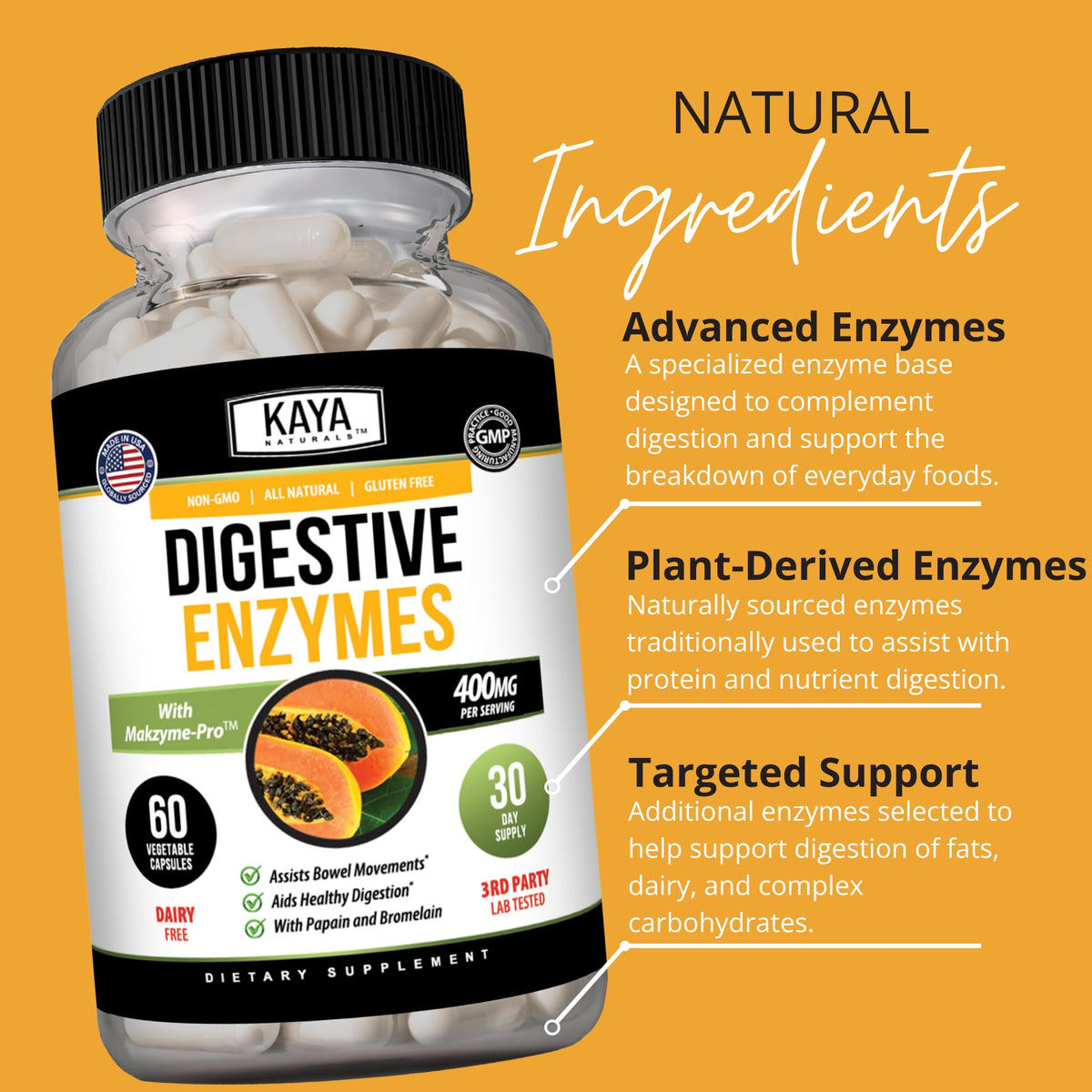 Kaya Naturals Enzymes daily capsules sur une table en bois