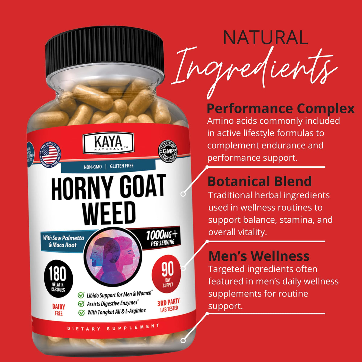 Kaya Naturals Épimedium 180 capsules sur fond neutre