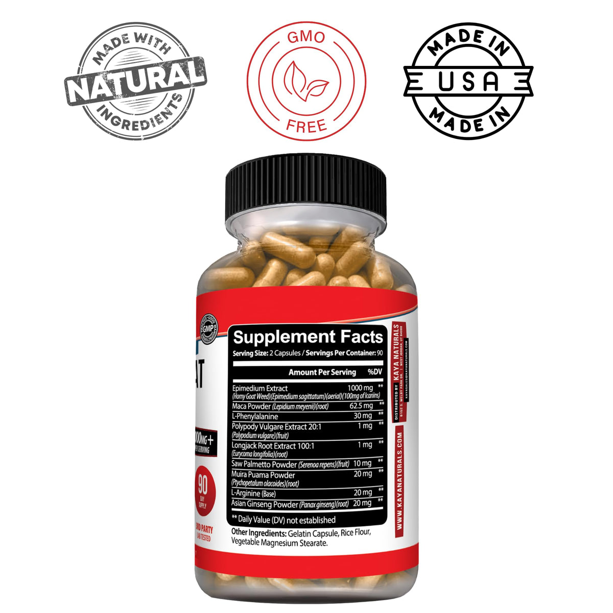 Kaya Naturals Épimedium 180 capsules vue latérale