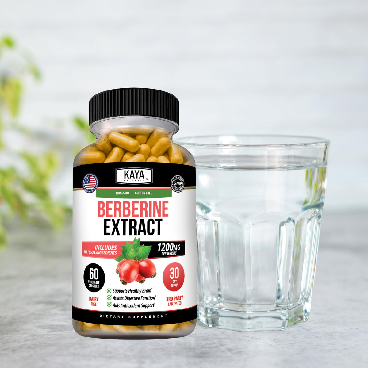 Kaya Naturals Extrait de Berbérine HCL 1200mg capsules dans un environnement naturel