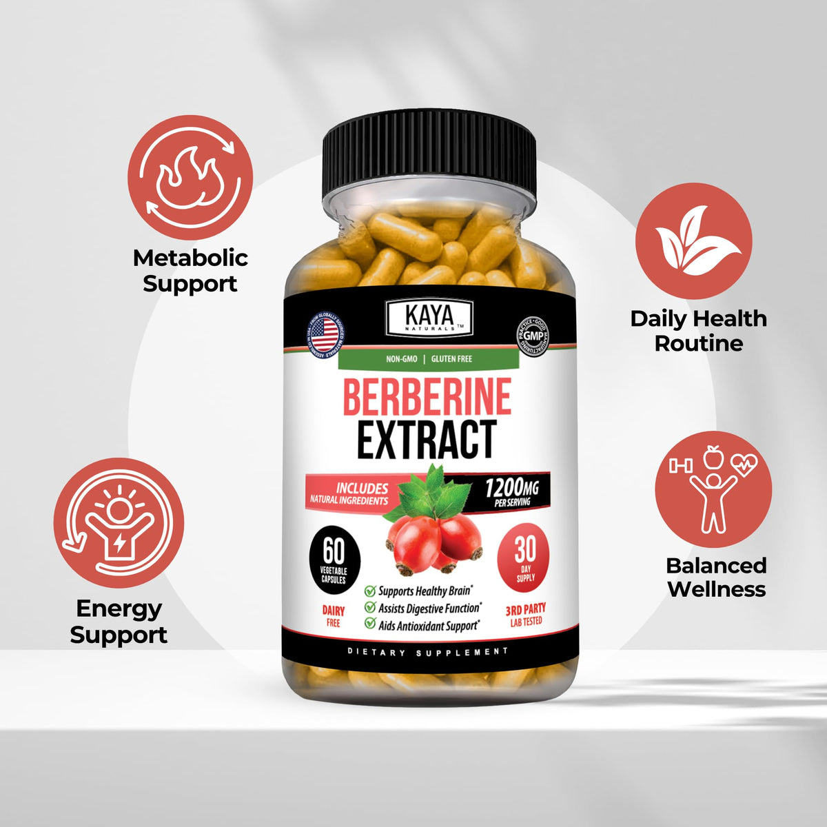 Kaya Naturals Extrait de Berbérine HCL 1200mg capsules végétales en gros plan