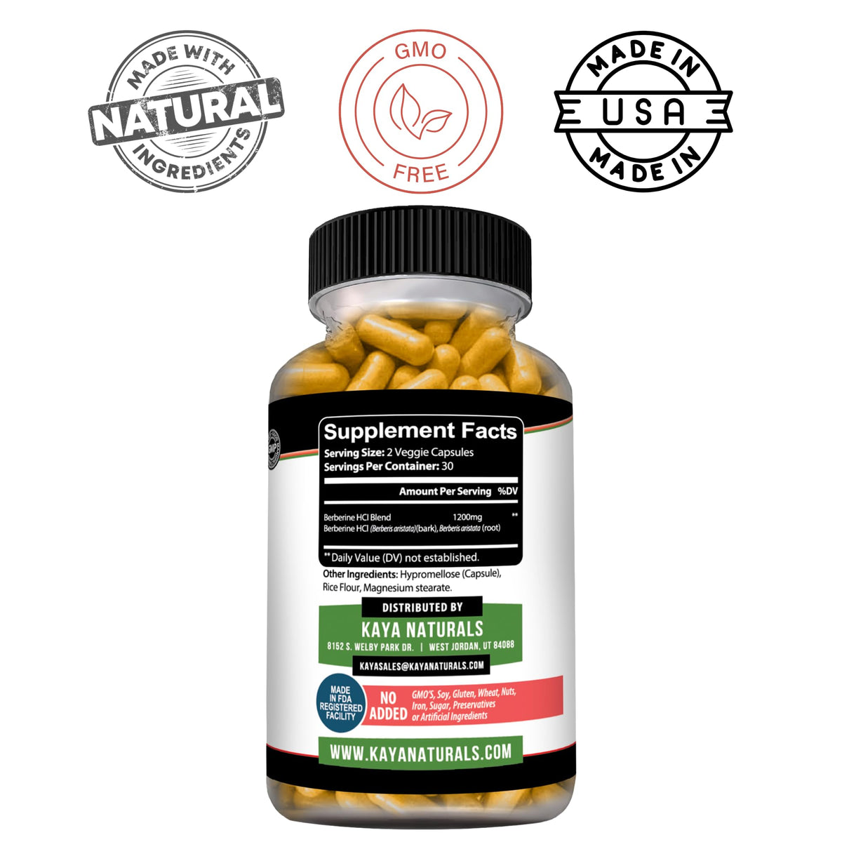 Kaya Naturals Extrait de Berbérine HCL 1200mg étiquette du flacon