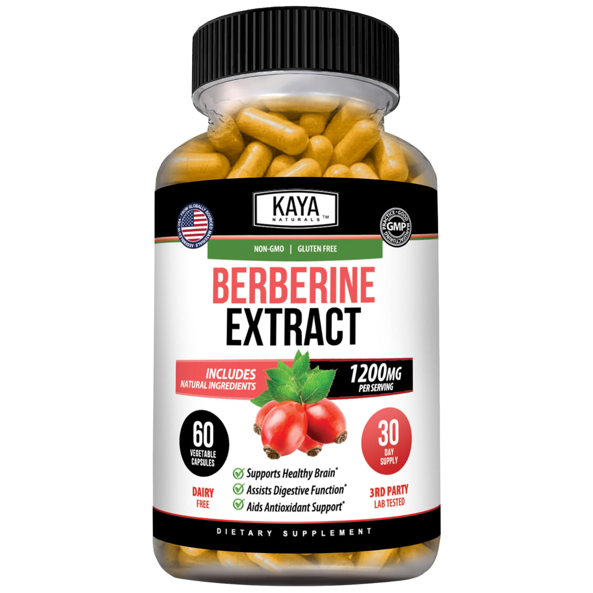 Kaya Naturals Extrait de Berbérine HCL 1200mg flacon de 60 capsules végétales