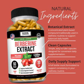 Kaya Naturals Extrait de Berbérine HCL 1200mg flacon ouvert avec capsules