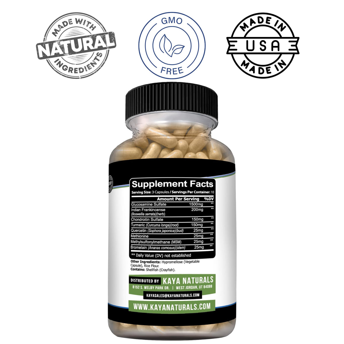 Kaya Naturals Flex Aid capsules présentées sur une surface en bois
