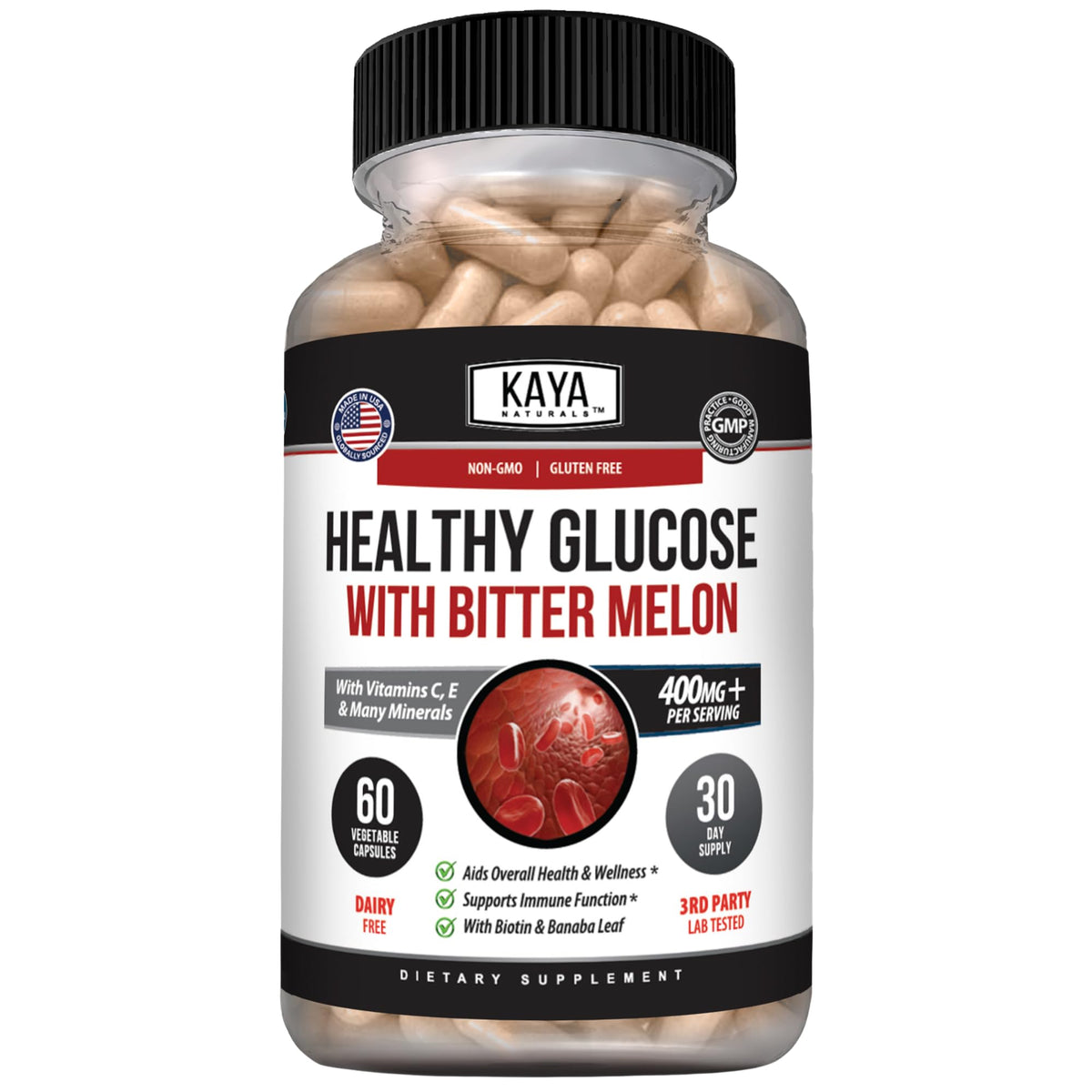 Kaya Naturals Gluco 60 capsules, vue de l'avant avec étiquette visible