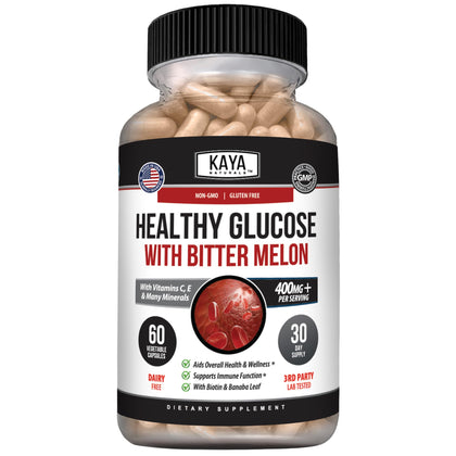 Kaya Naturals Gluco 60 capsules, vue de l'avant avec étiquette visible