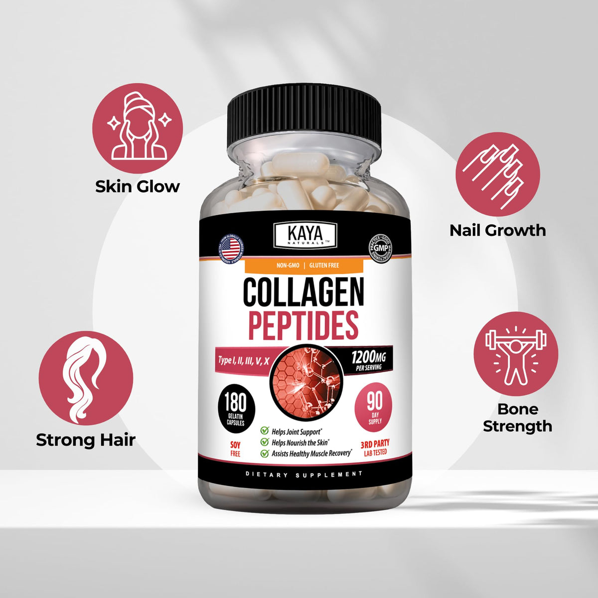 Kaya Naturals Multi Collagen Peptides 180 Capsules à côté d'un verre d'eau