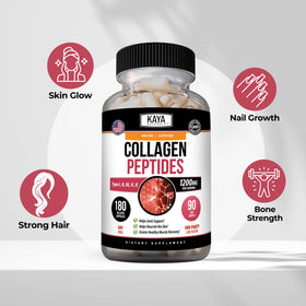 Kaya Naturals Multi Collagen Peptides 180 Capsules à côté d'un verre d'eau