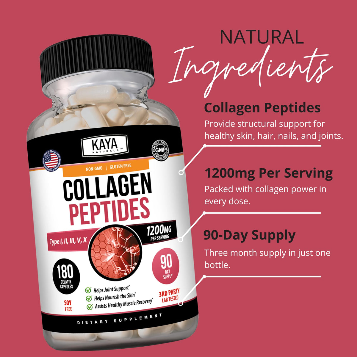 Kaya Naturals Multi Collagen Peptides 180 Capsules sur une table en bois