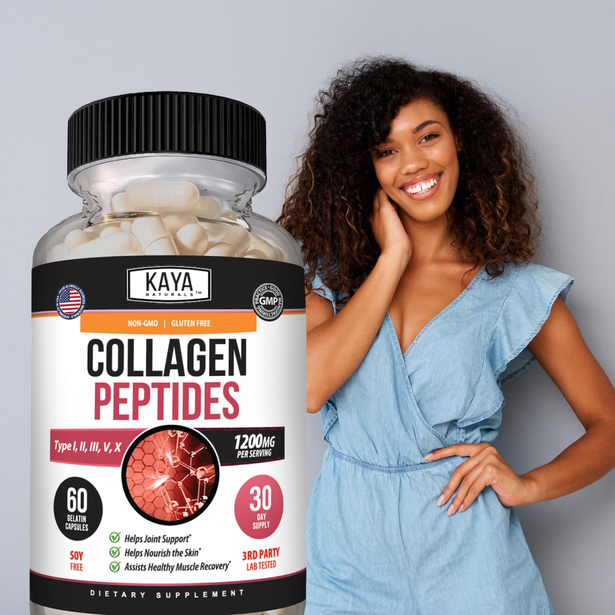 Kaya Naturals Multi Collagène 60 capsules avec verre d'eau