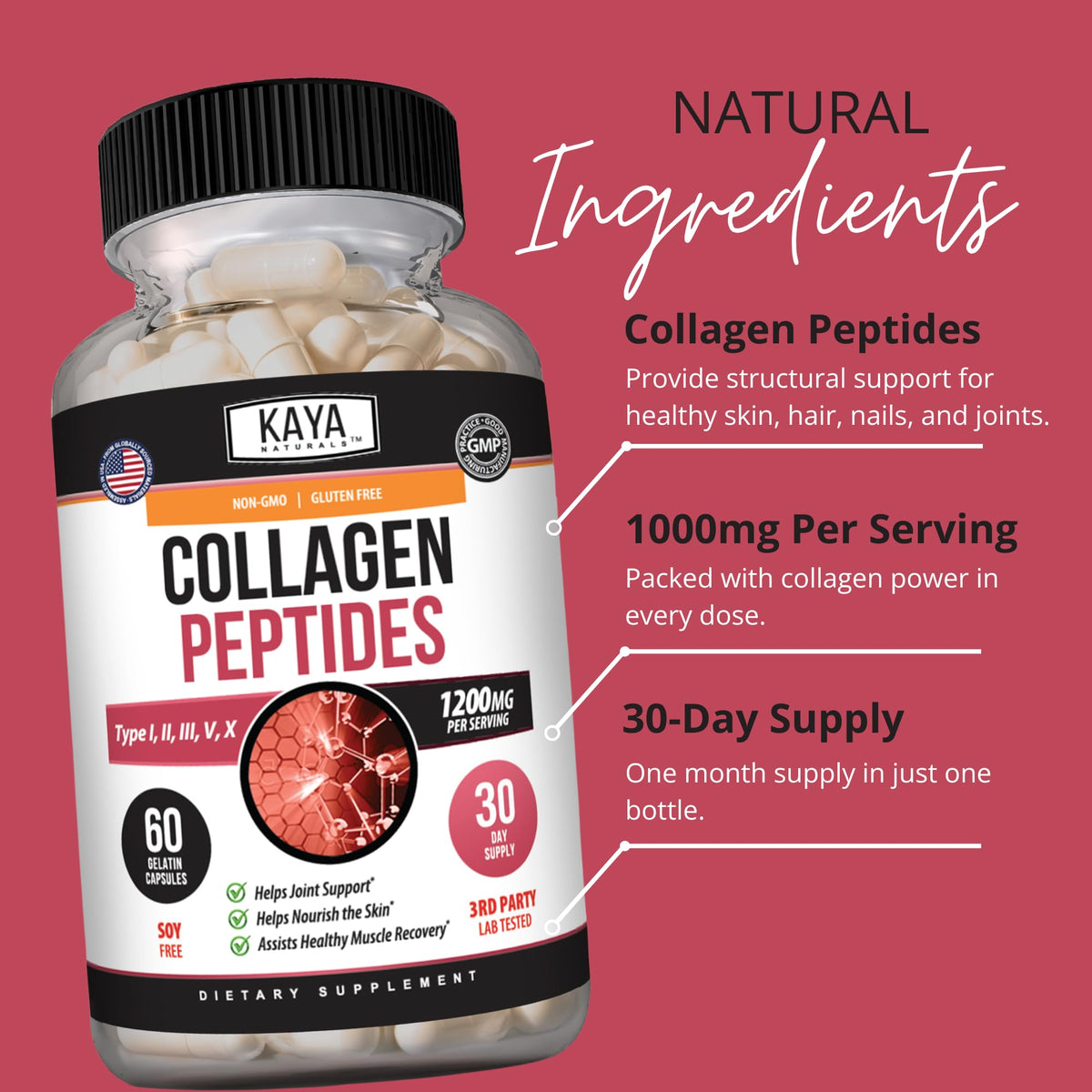 Kaya Naturals Multi Collagène 60 capsules sur fond blanc